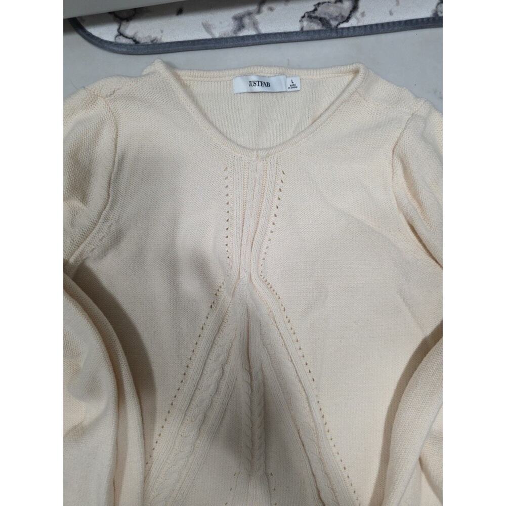 JUSTFAB Women’s Cream Knit Sweater Cable Knit Long Sleeve Pullover Size L